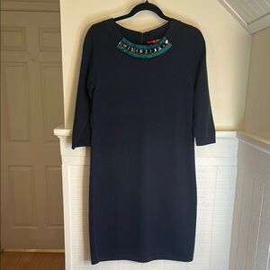 Boden Blue Wool Blend Dress with Jeweled Neck Detail size 6